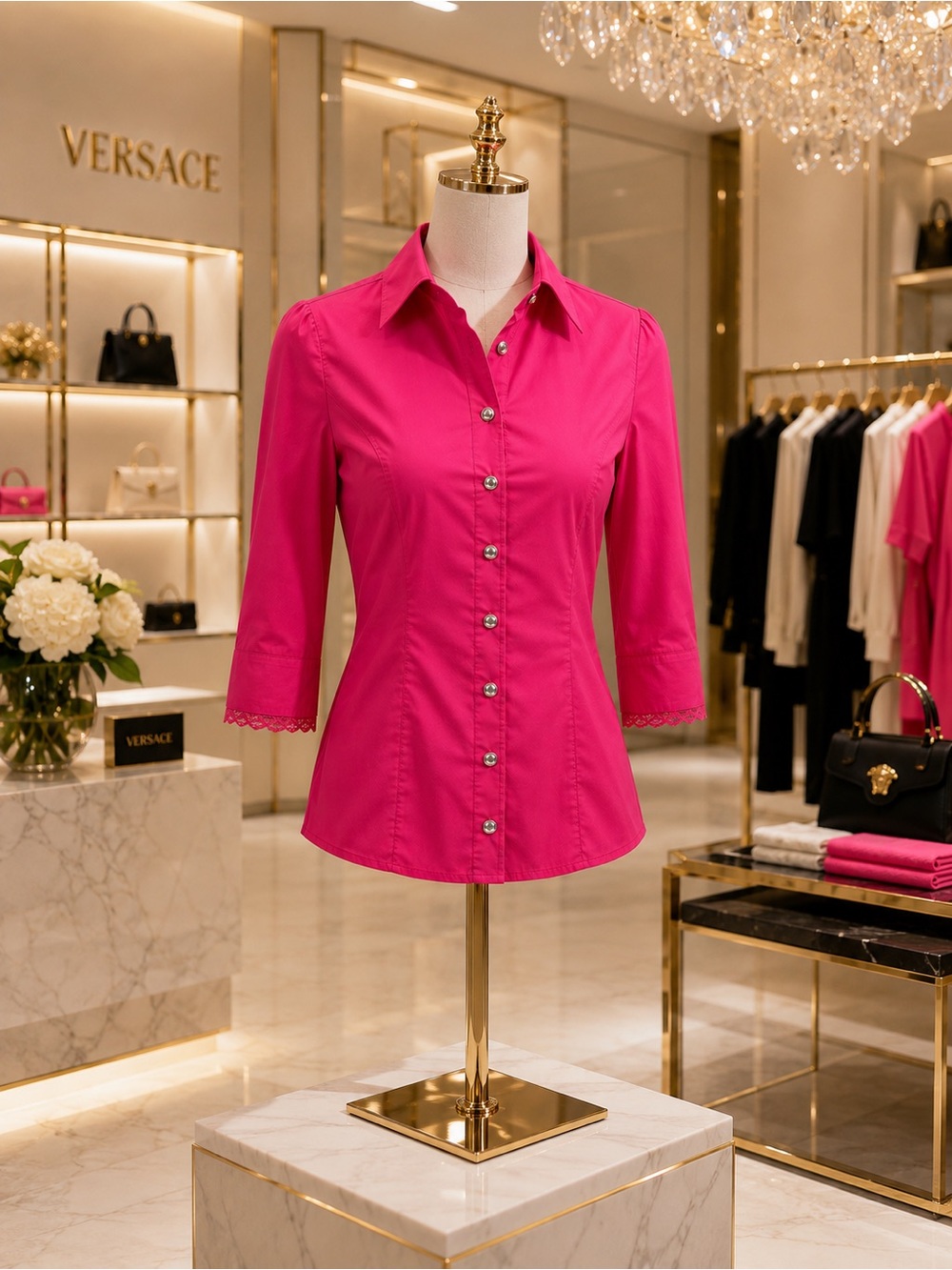Versace Fuchsia Tailored Three-Quarter Sleeve Button-Down Shirt